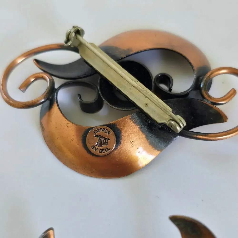 Vintage Bell Trading Post Brooch Earring Copper Swirl Modernist 1960s Western
